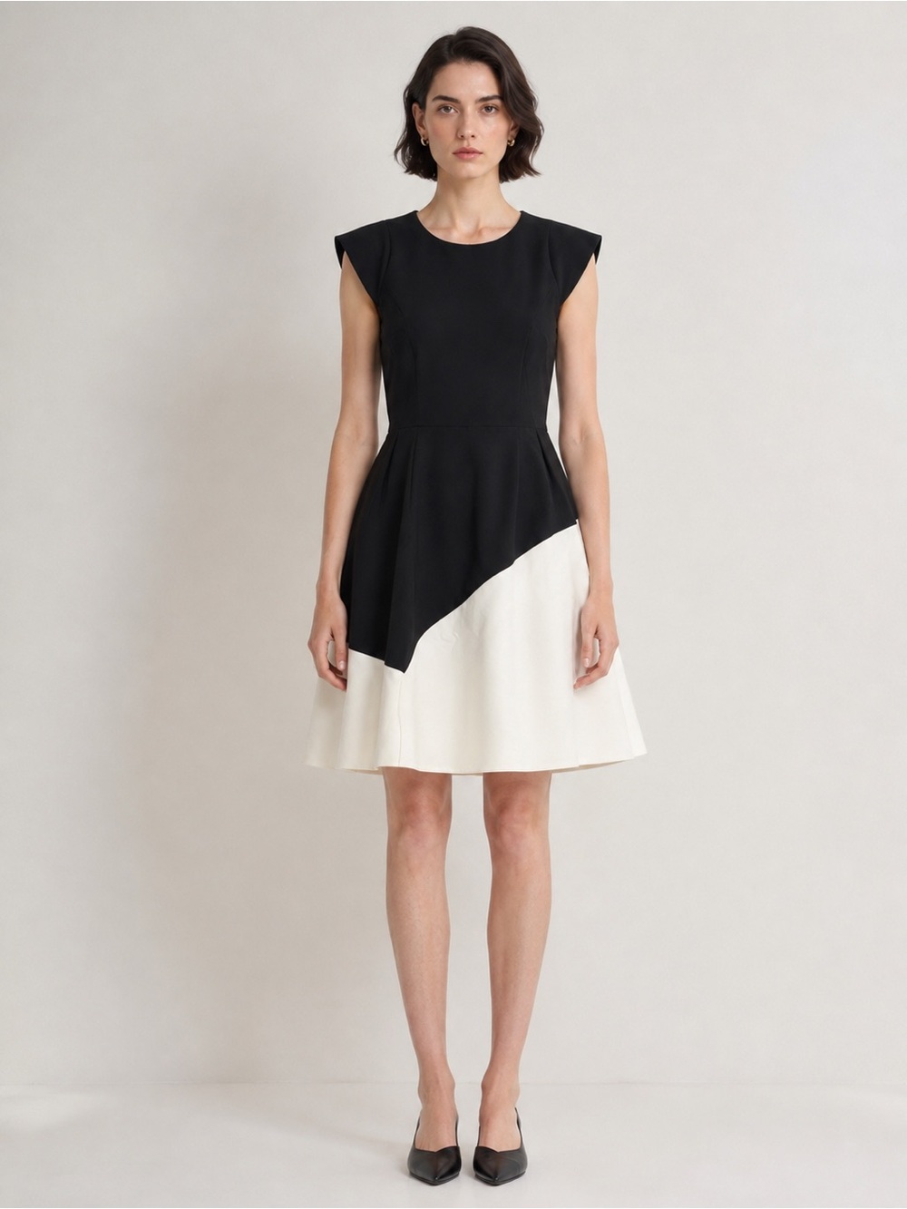 Halston Heritage Black and White Colorblock Midi Dress